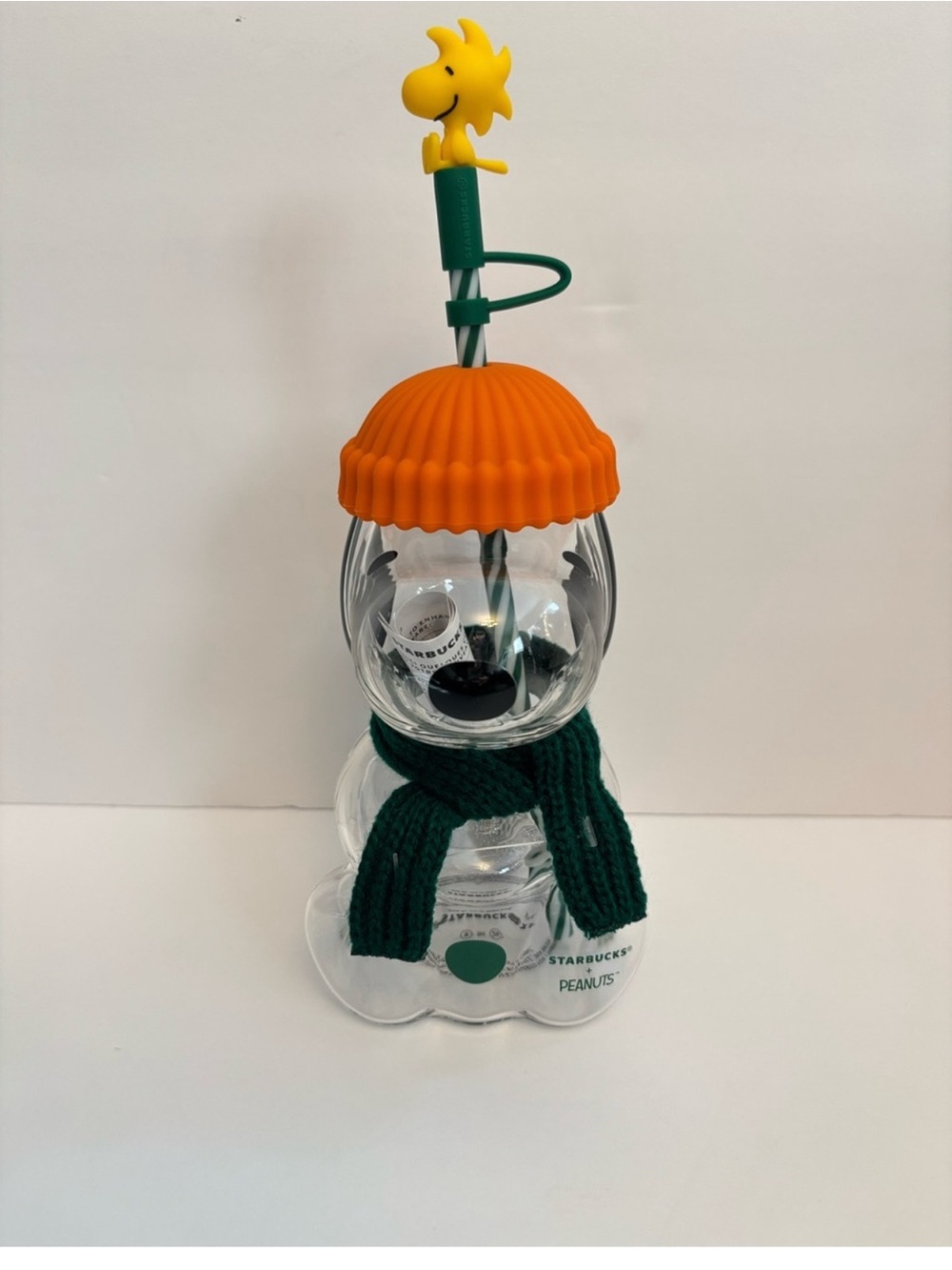 Starbucks Snoopy Glass Cup with Orange Cap and Green Accents